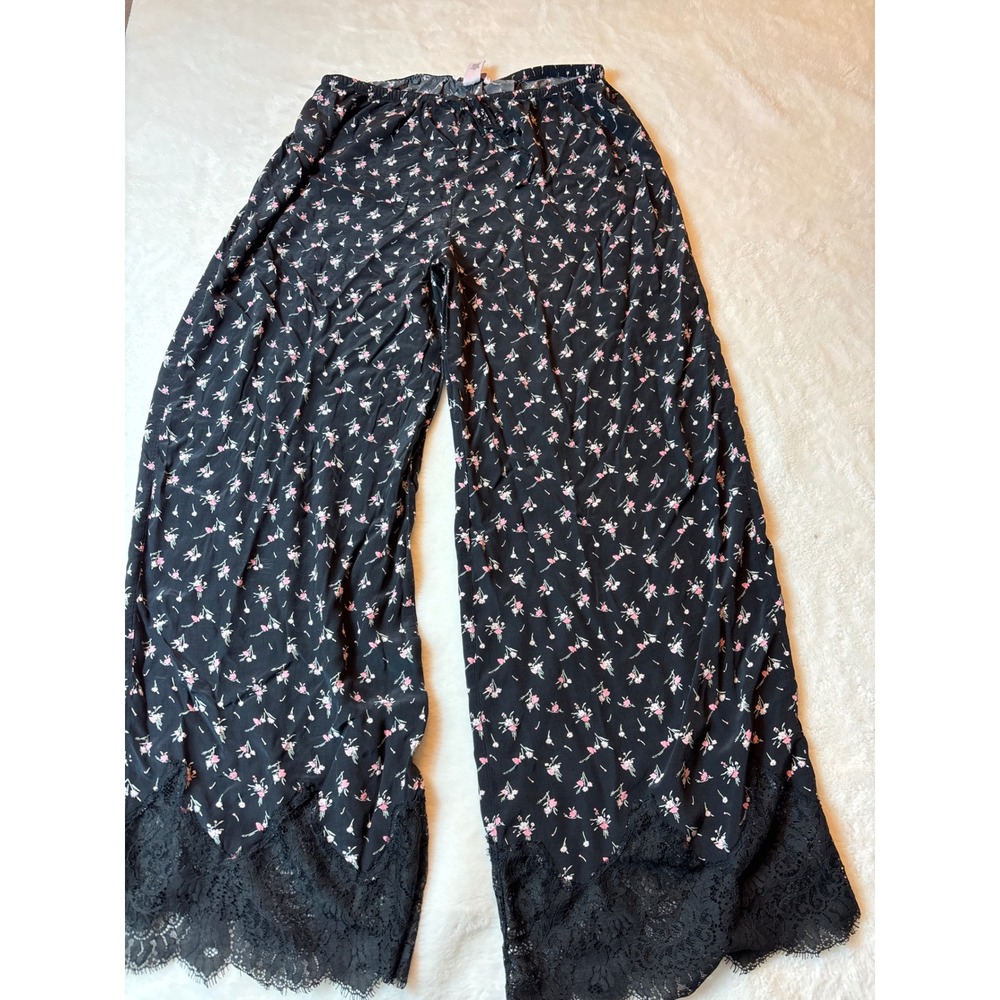 Victoria's Secret Floral Lace Trim Pajama Pants Black Pink Wide Leg Medium